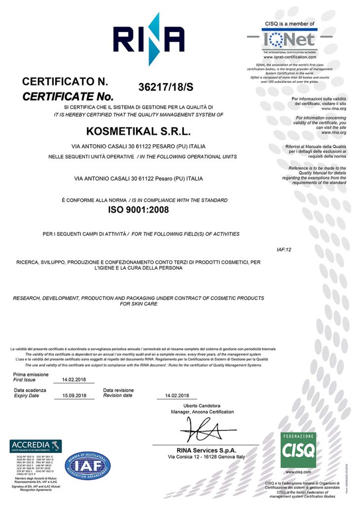 Certificato ISO 9001:2008